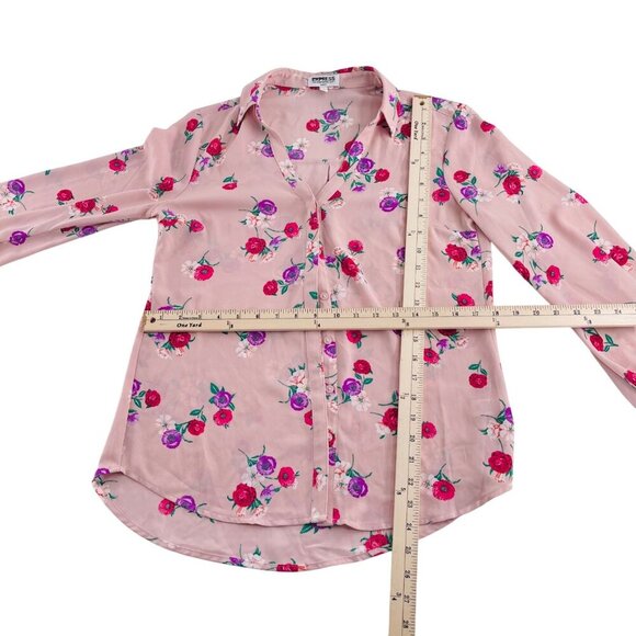 Express Womens Floral Portofino Shirt Slim Fit Pink Polyester Size S - Picture 3 of 6